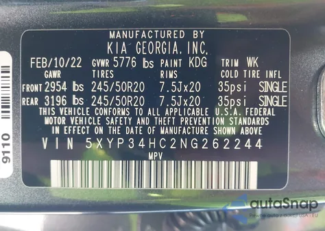 2022 Kia Telluride Ex z USA, uszkodzony, nr VIN 5XYP34HC2NG262244